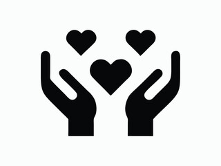 Obraz premium Black silhouette of open hands gently holding and caring for three hearts symbolizing love and compassion