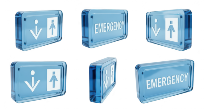 Various angles of blue glass elevator emergency buttons on a white background highlighting safety and accessibility applications