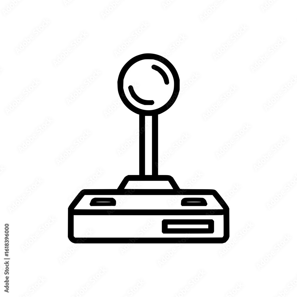 Poster an outline drawing of a vintage arcade joystick with a round handle and a rectangular base is shown 