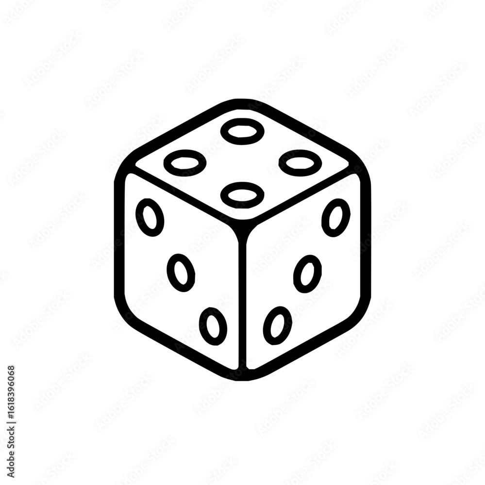 Poster outline drawing of a single die showing the sides with four dots and two dots and six dots isolated 