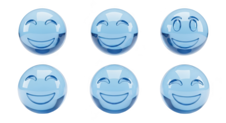Transparent blue emoji spheres smiling arranged in a group on a white background used for illustrating joy and happiness