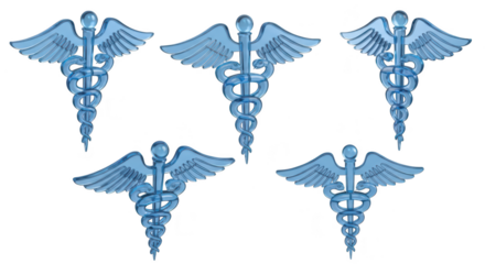 Five blue medical symbols arranged on a white background representing health healthcare medicine and medical concepts