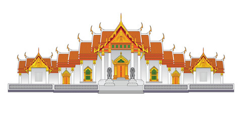 Illustration vector Bangkok Thailand symbol with beautiful famous marble temple Wat Benchamabophit Dusitvanaram drawing in colorful vector
