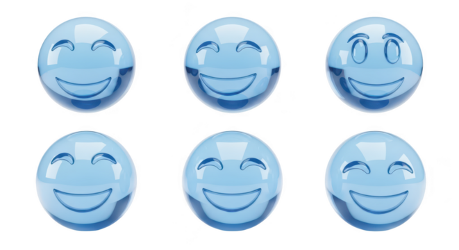Transparent blue emoji spheres smiling arranged in a group on a white background used for illustrating joy and happiness