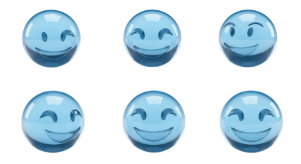 Glass emoji balls expressing joyful emotions arranged against a bright white background for use in communication and design projects