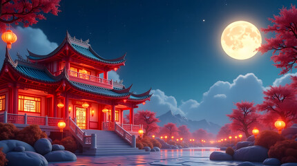 Night themed Mooncake festival banner illustration. To commemorate and celebrate the end of the autumn harvest ambience with Red Chinese building and moon with starry night as background.
