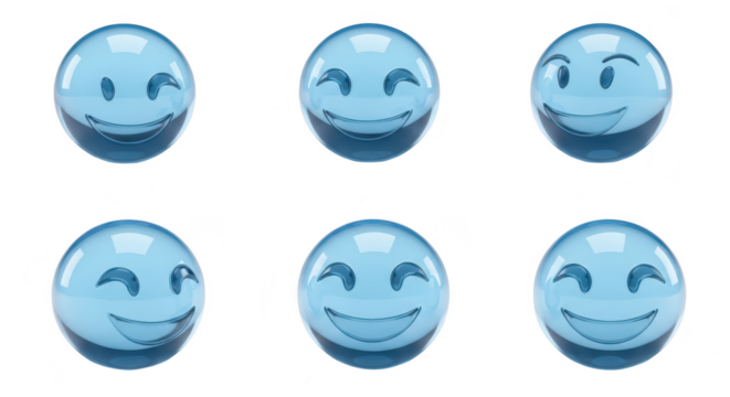 Glass emoji balls expressing joyful emotions arranged against a bright white background for use in communication and design projects