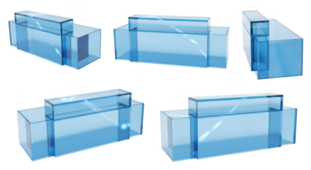 Transparent blue glass block structures in multiple angles 3D rendered on white ideal for architectural design or technical illustrations