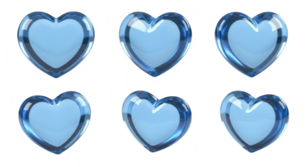 Six translucent blue glass hearts arranged isolated on white with light reflections intended for romantic themes