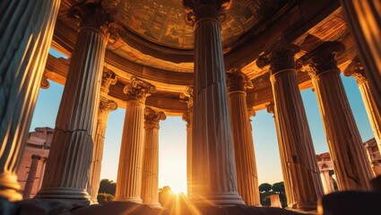Ancient Temple Ruins at Sunrise with Doric Columns and Golden Light Architecture