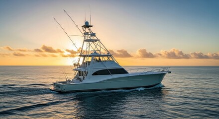 Obraz premium Elegant fishing boat navigating open waters at sunrise