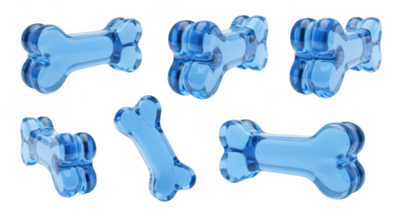 Blue glass dog bones arranged on white backdrop suggesting pet treats toys or decorative elements for advertising product design or abstract concepts