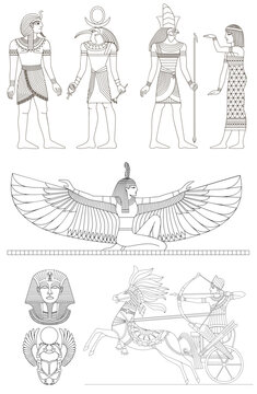 Set of contour ancient Egyptian frescoes