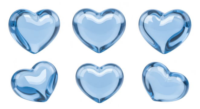 Blue transparent glass hearts arrayed on white background for use in Valentine's Day or love-themed graphic design