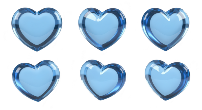 Six translucent blue glass hearts arranged isolated on white with light reflections intended for romantic themes