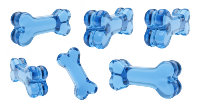 Blue glass dog bones arranged on white backdrop suggesting pet treats toys or decorative elements for advertising product design or abstract concepts