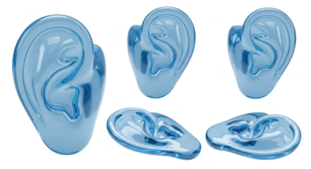 Transparent ear models in various poses on a white background showcasing anatomical studies or illustrating hearing