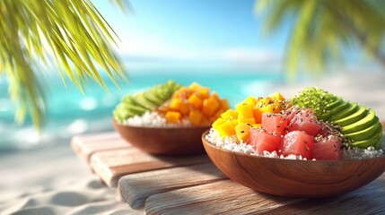 Tropical paradise poke bowls with vibrant fresh fruits and ingredients, served on wooden board with blurred beach and palm leaves background