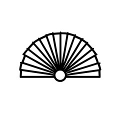 A simple black and white line drawing of a hand fan with a circular base and radiating lines as design