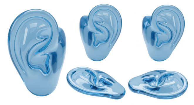 Transparent ear models in various poses on a white background showcasing anatomical studies or illustrating hearing