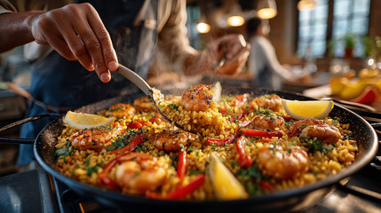 Close-up of a man cooking paella with prawns and lemon