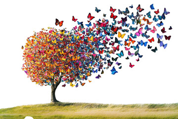 A vibrant tree made of colorful butterflies flying away into the sky isolated on transparent background