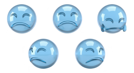 3D blue glass spheres expressing sadness crying on a white background for emotional concepts