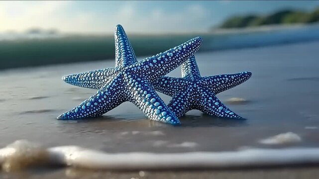 Two vibrant blue starfish on a sandy beach.