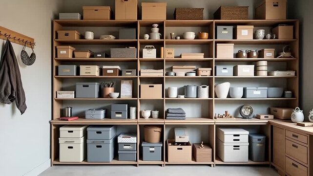 Large wooden shelving unit filled with various boxes and containers in a well organized room
