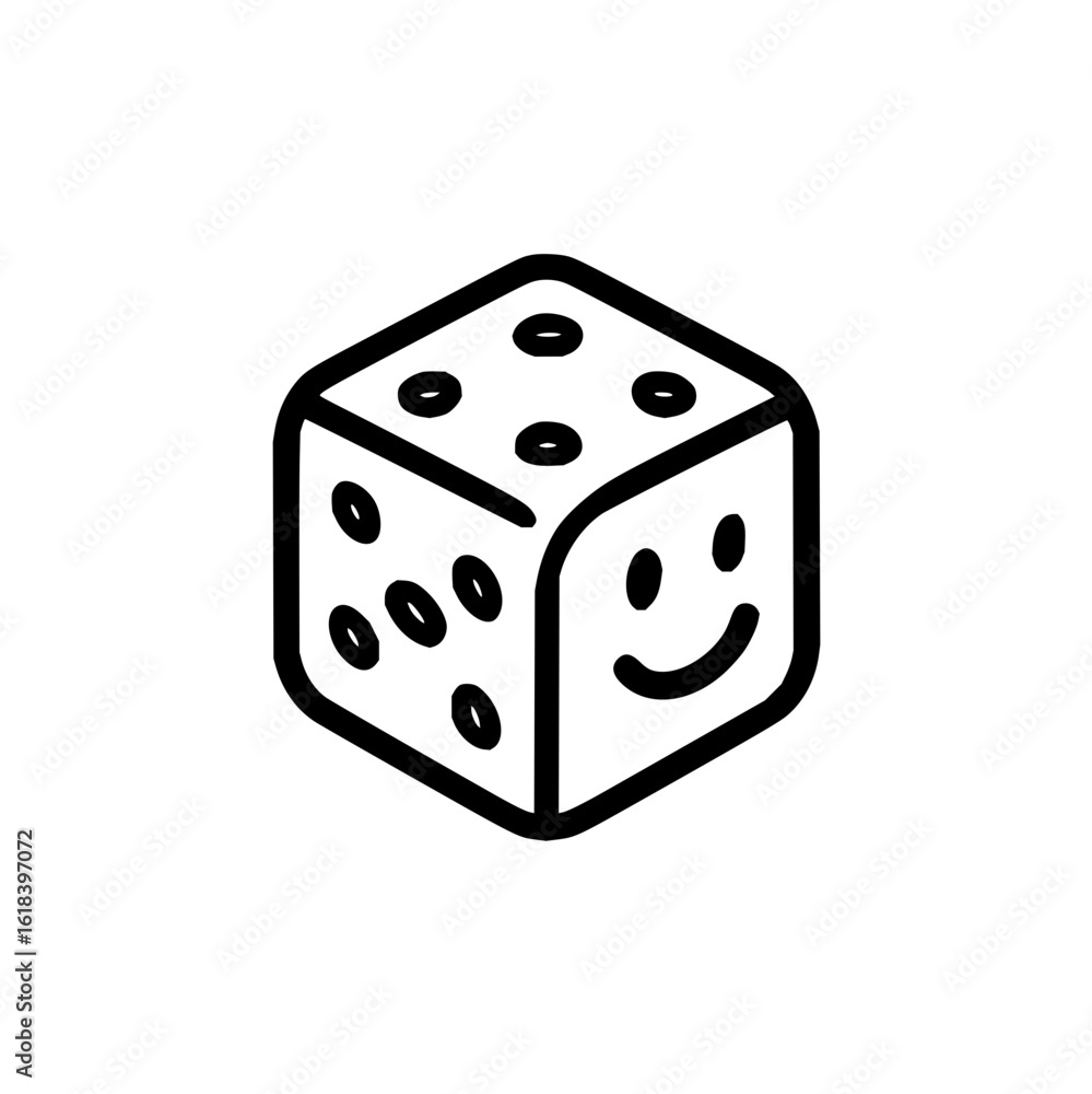 Poster outline drawing of a single die with dots and a smiley face on one side in a simple black line style