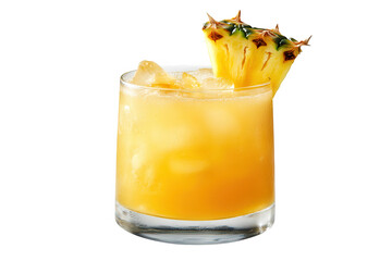 Refreshing tropical cocktail with pineapple garnish in a glass with ice isolated on transparent background