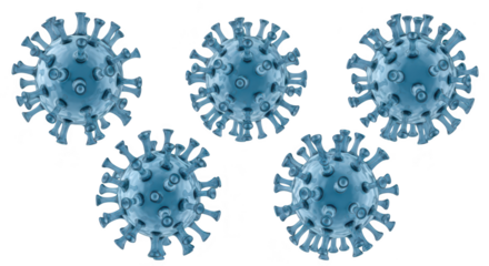 Five isolated 3D-rendered coronavirus models floating on a white background ideal for illustrating disease and medical topics