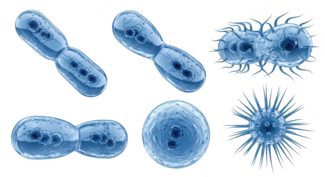 Digitally rendered various microbe cells showing structure and division against a clean white background for scientific medical and educational purposes