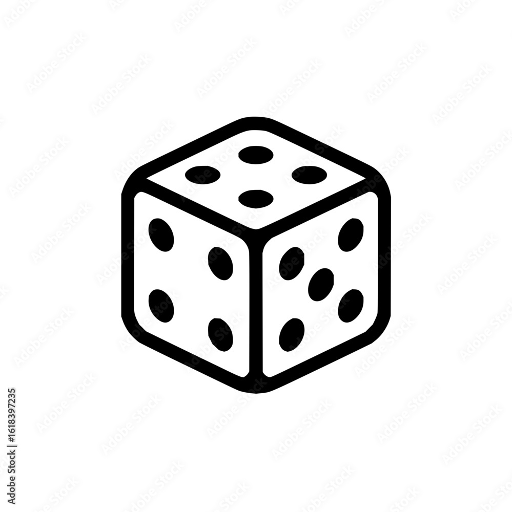 Poster isometric view of a single black and white die with rounded edges and visible pips on three faces sh