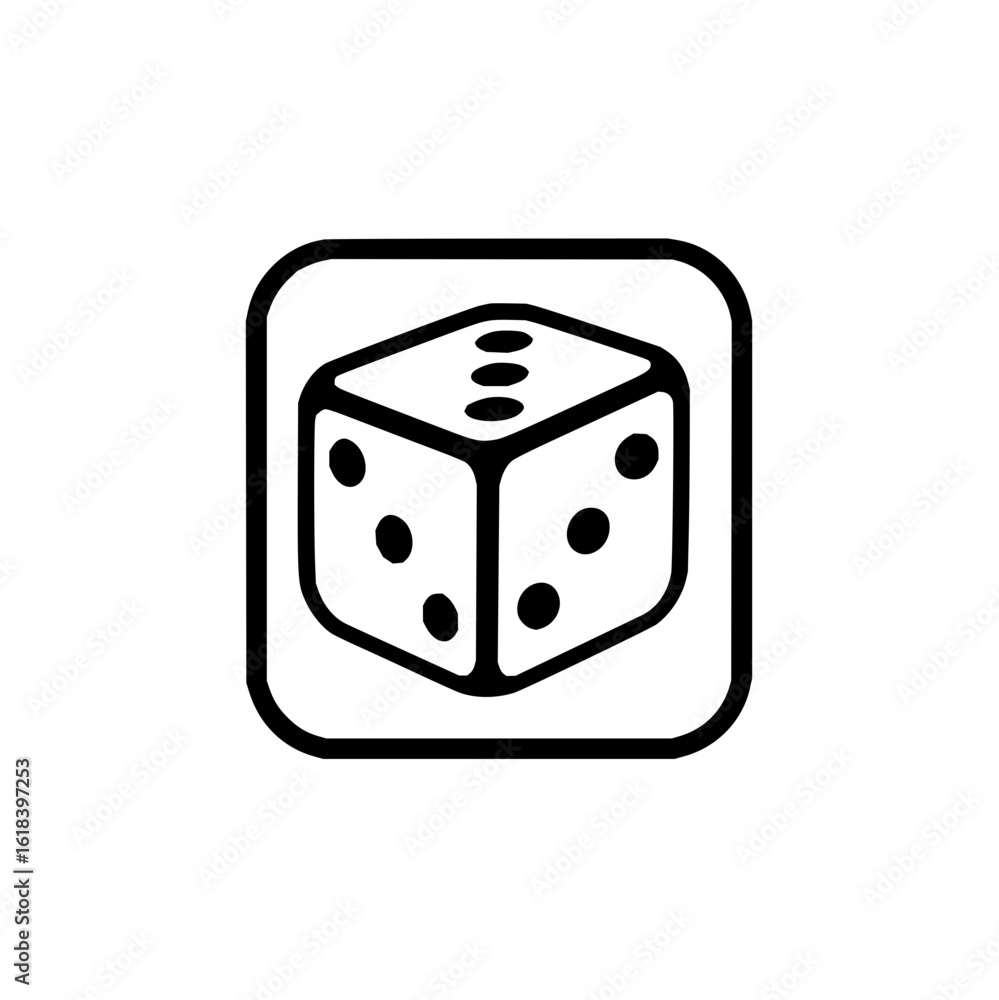 Aufkleber icon of a white die with black dots inside a rounded square frame suitable for game or gambling them