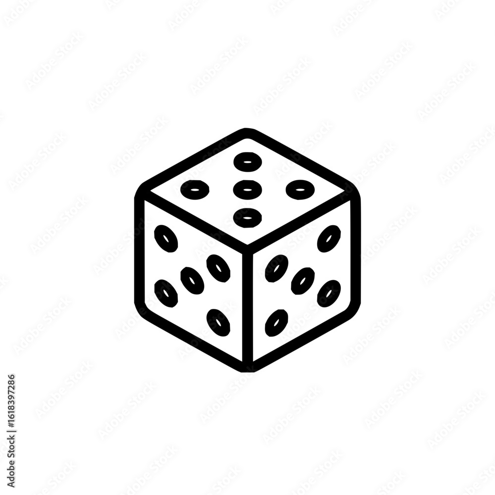 Poster isometric outline of a white die with black pips showing the values of one three and five on each fa