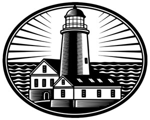 Vintage lighthouse emblem with sunburst and waves silhouette