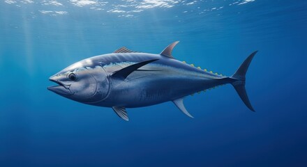Fototapeta premium Bluefin tuna swimming underwater in ocean depths