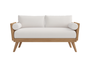White Couch with Wooden Legs and Back Isolated on Transparent Background