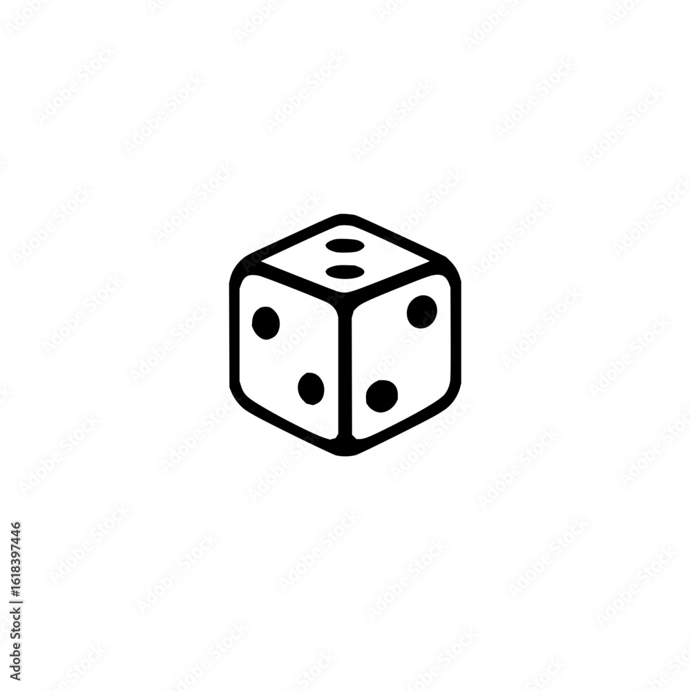 Poster a single black and white die with rounded edges showing the two four and three sides in simple desig