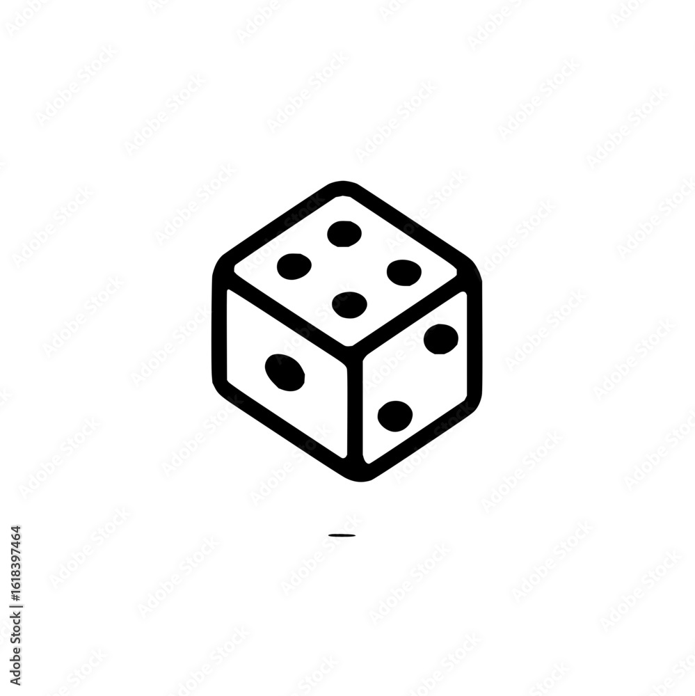 Poster a simple line drawing of a six sided die with rounded edges and black dots representing the numbers 