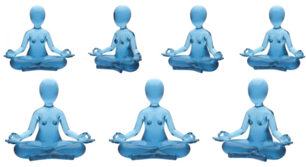 Rendered blue human figures meditating in yoga pose against a white background showcasing mindfulness fitness and meditation practices