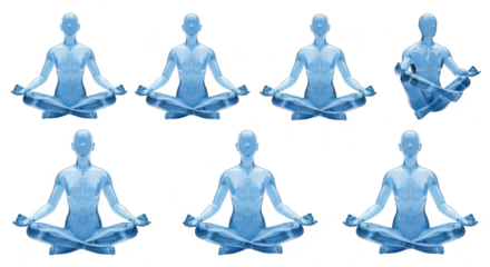 Blue transparent figures demonstrating yoga poses in a studio setting against a white background for health and wellness concepts