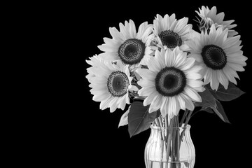 Vibrant bouquet of sunflowers in a glass vase isolated on transparent background