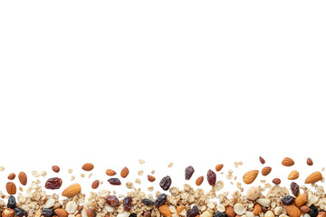 Healthy granola cereal with almonds raisins and nuts isolated on transparent background