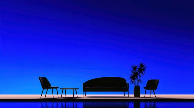 Modern minimalist living room setup with sleek furniture against a vibrant blue backdrop