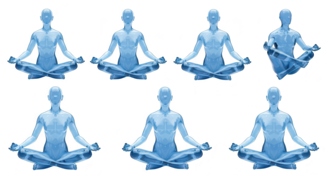 Blue transparent figures demonstrating yoga poses in a studio setting against a white background for health and wellness concepts