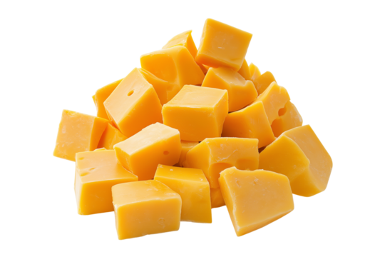 Delicious Cheddar Cheese Cut Pieces on Clean White Background