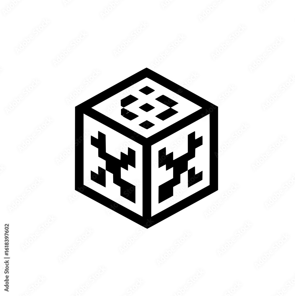 Poster isometric cube with intricate pixelated designs on its visible faces in a monochromatic black and wh