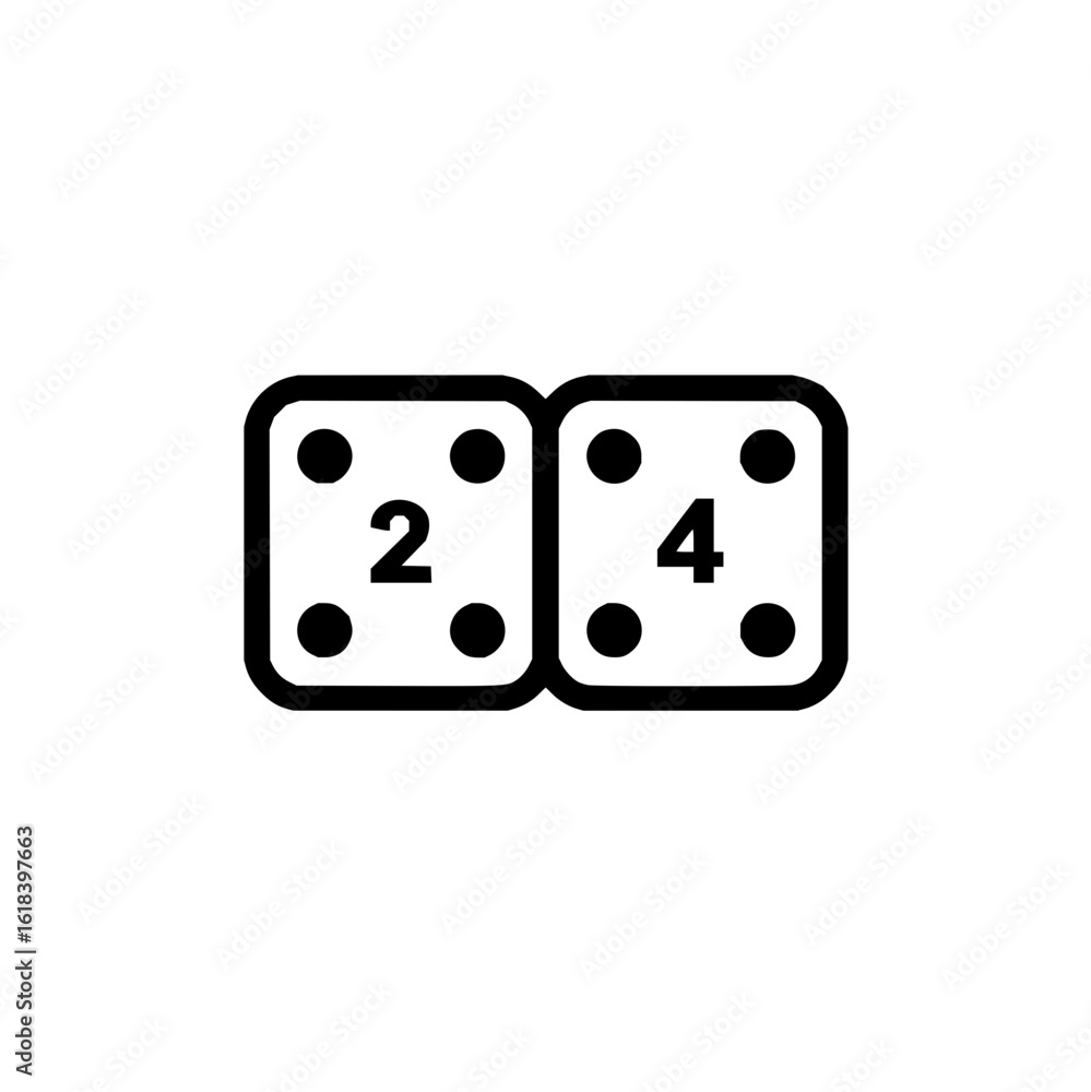 Aufkleber two dice showing the numbers two and four with black dots and black outlines on a white background